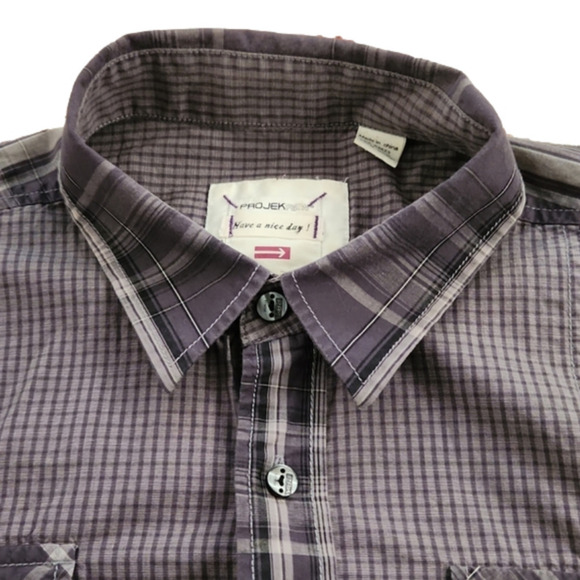 3/$20 ProjekRaw Gray Plaid Design Button-Up Shirt - Picture 2 of 12